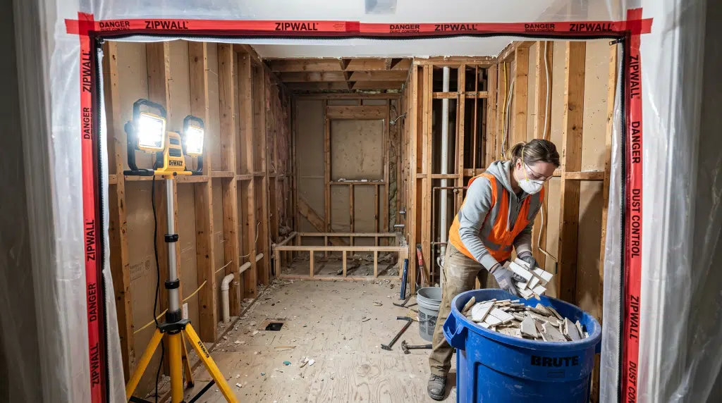 Démolition de salle de bain à Montréal — salle de bain mise à nu jusqu’aux montants