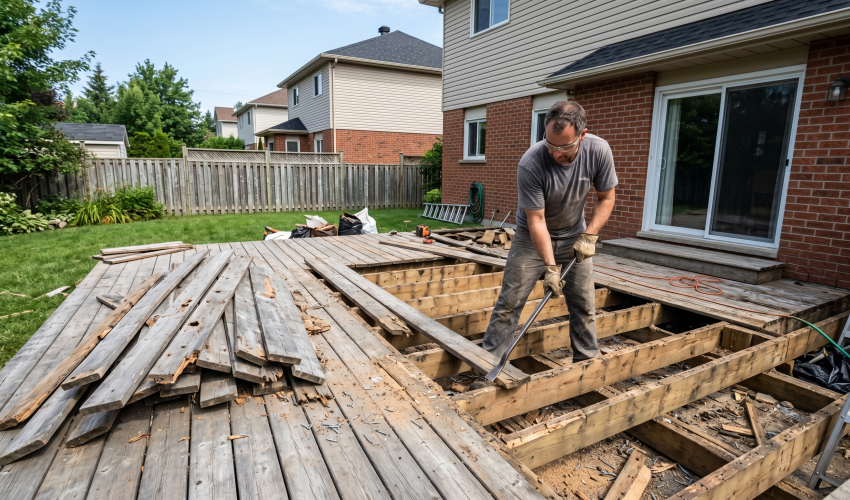 Deck demolition in Montreal: backyard wood deck being removed, boards off and framing exposed
