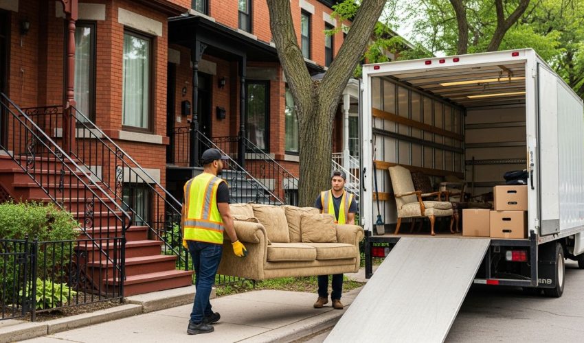 junk removal montreal crew loading furniture into a 5-tonne truck outside a Montreal duplex