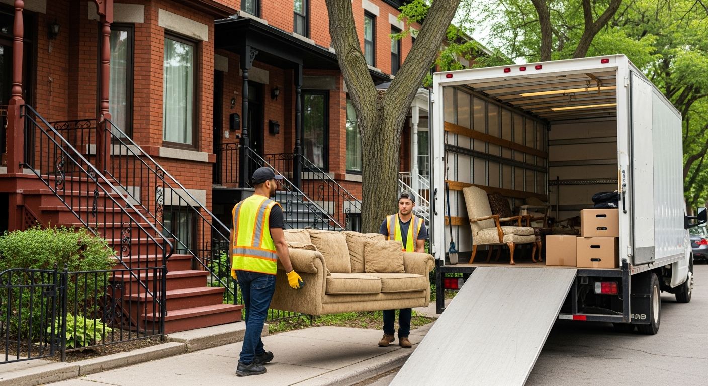 junk removal montreal crew loading furniture into a 5-tonne truck outside a Montreal duplex